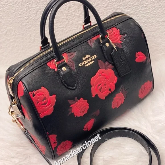 Coach Rowan Large Satchel Bag With Floral Print CCE27 in Black/Red - Picture 9 of 15